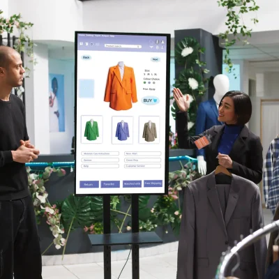 Asian store assistant showcasing items to man in front of self service kiosk, selecting fashion collection clothes from clothing boutique. Caucasian customer discussing products with female employee.